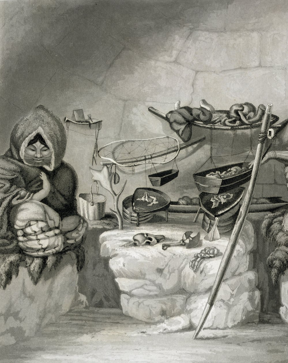 Interiør av en eskimo snøhytte, Winter Island 1822, gravert av Edward Francis Finden (1791-1857) pub. av John Murray, 1824 av Captain George Francis Lyon