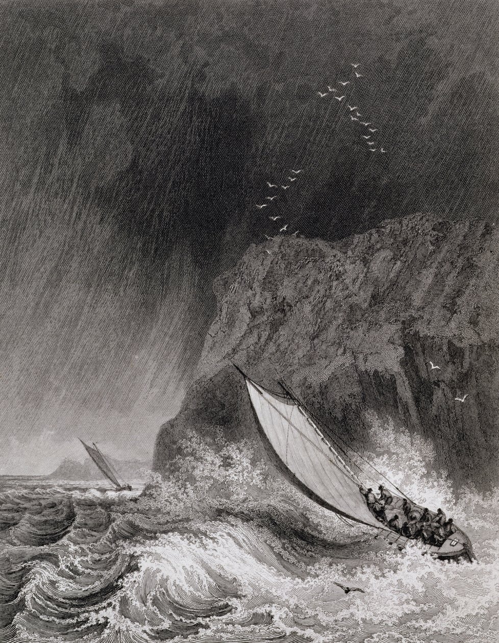 Båtene utenfor Walden Island i en snøstorm, 12. august 1827, fra Journal of a Third Voyage for the Discovery of a North West Passage from the Atlantic to the Pacific utført i årene 1824-25 av Captain George Francis Lyon