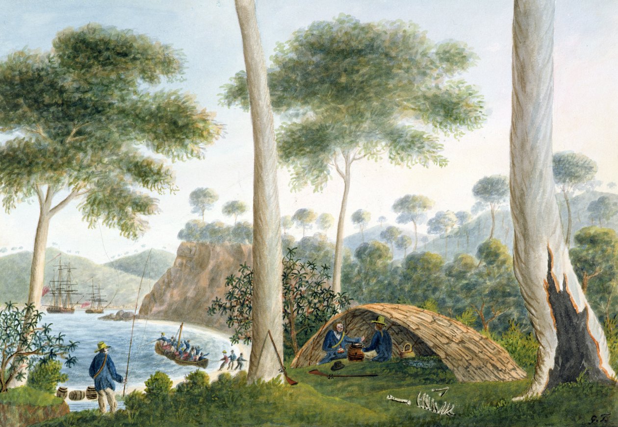 Native Hut (eller Wigwam) i Adventure Bay, Van Diemens Land, 1792 av Captain George Tobin