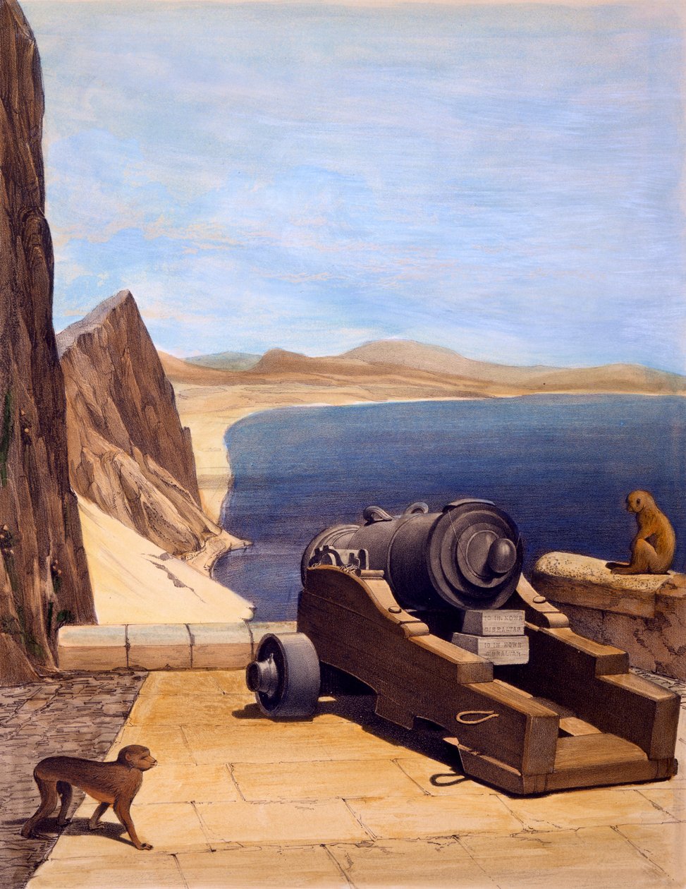 Mediterranean Battery, Gibraltar, trykk laget av TC Dibdin, fra Select Views of the Rock and Fortress of Gibraltar, utgitt 1846 av Captain J. M. Carter