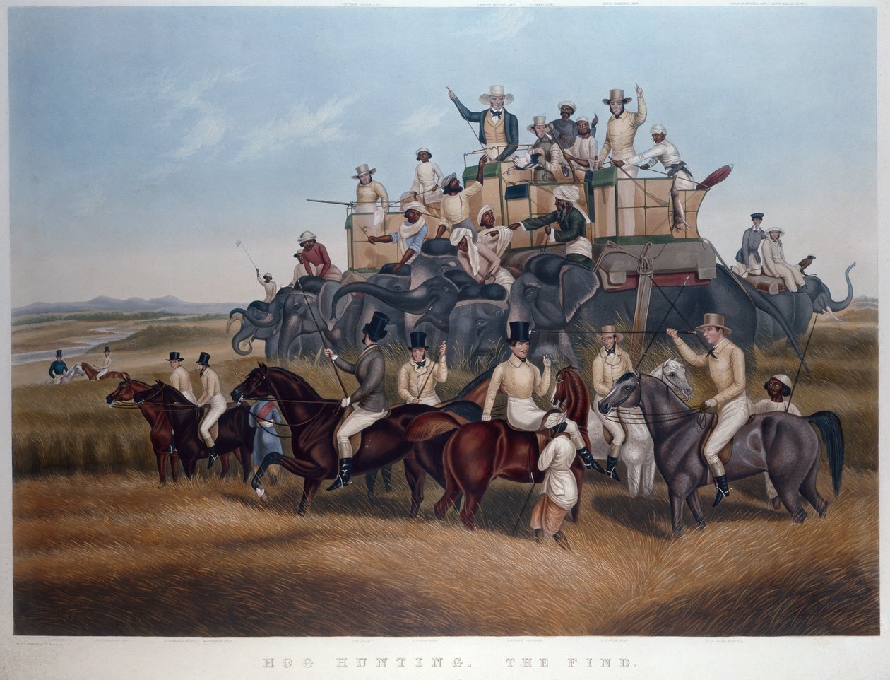 Hog Hunting: The Find, gravert og pub. av Mrs Fores, ca. 1840 (farget gravering) av Captain John (after) Platt