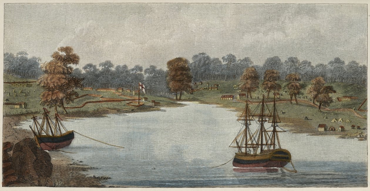 Sydney Cove, 1788 (håndfarget kobbergravering) av Captain John Hunter