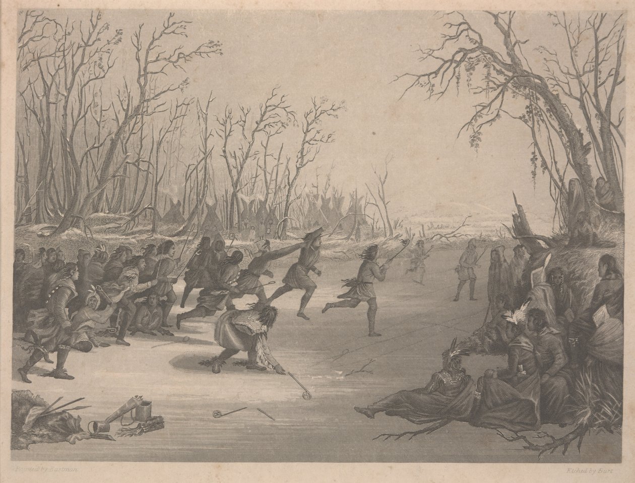 Ball Play of the Dahcota (Sioux) Indians, etsning av Charles Kennedy Burt (1823-92), innen desember 1850 (etsing) av Captain Seth Eastman