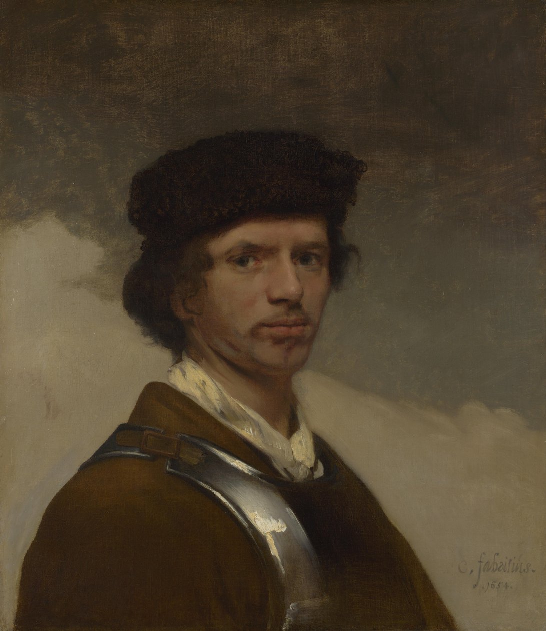 En ung mann i en Für Cap og en Cuirass (sannsynligvis et selvportrett) av Carel Fabritius