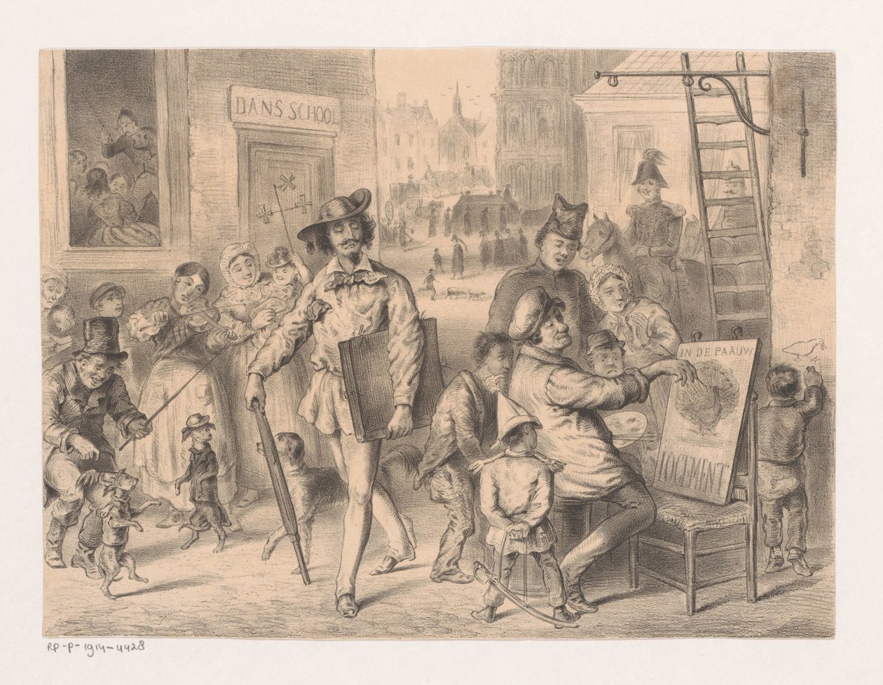 Kunstner går nedover gaten Aristokrati og demokrati i kunst (tittel på objekt) Tydspiegel Fantasy No. 2 (serietittel) av Carel Christiaan Antony Last (attributed to)