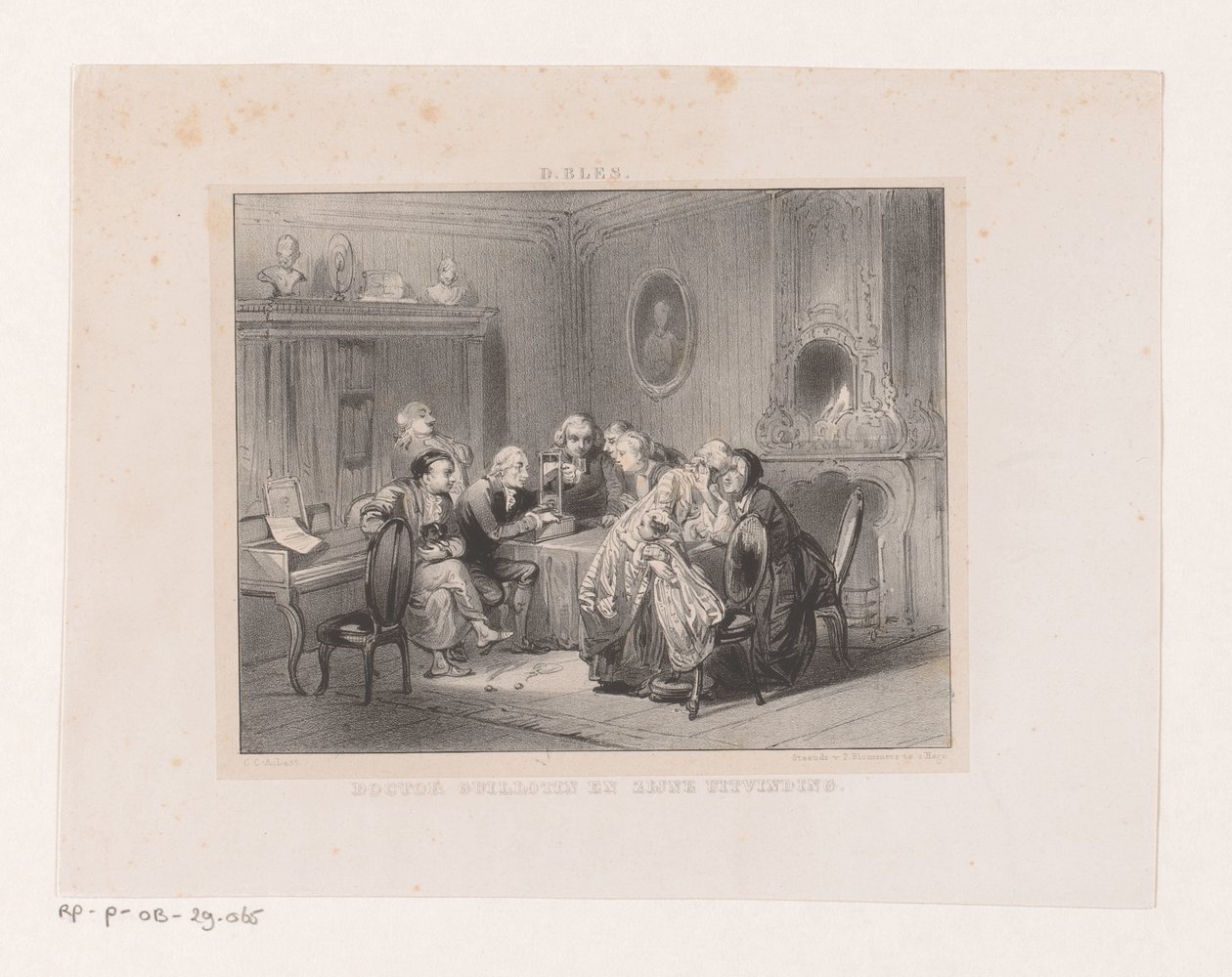 Joseph-Ignace Guillotin ser på en miniatyr av en giljotin Doktor Guillotin og hans oppfinnelse (tittel på objekt) av Carel Christiaan Antony Last