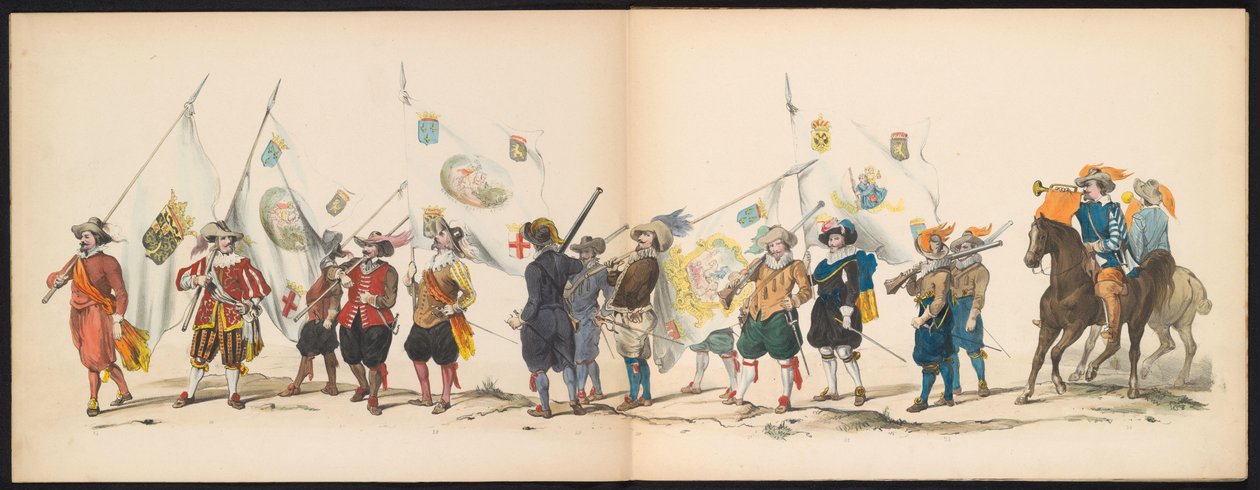 Maskerade av Leiden-studentene, 1850 (plate 3) Intogt av Frederik Hendrik i 's Hertogenbosch i 1629: kostymert forestilling av HH-studentene ved Leydsche Hoogeschool den XI Junij av året 1850 (serietittel på objekt) av Carel Christiaan Antony Last