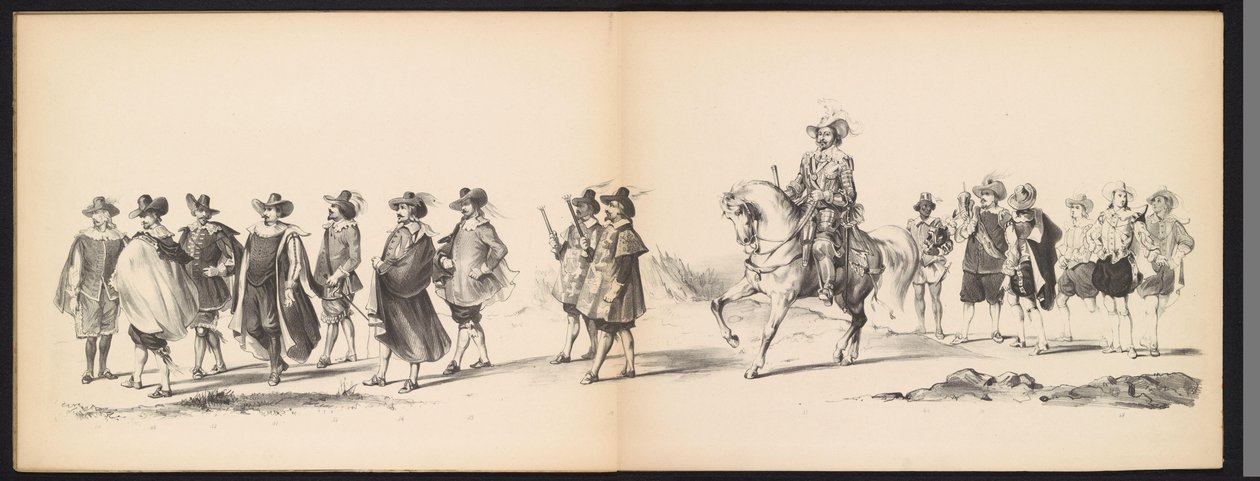 Maskerade av Leiden-studentene, 1850 (plate 6) Intogt av Frederik Hendrik i 's Hertogenbosch i 1629: kostymert forestilling av HH-studentene ved Leydsche Hoogeschool den XI Junij av året 1850 (serietittel på objekt) av Carel Christiaan Antony Last