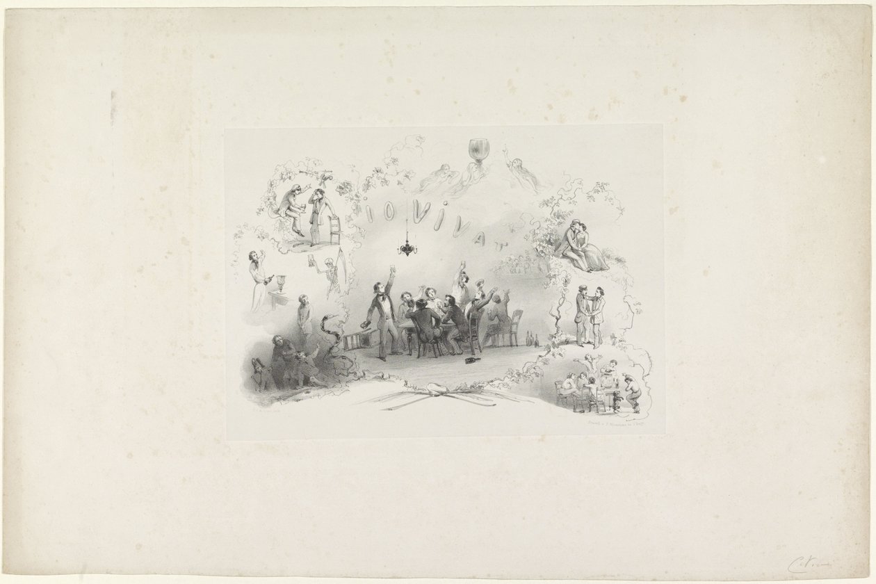 Tegneserie fra Leiden studentalmanakk, 1849 Io Vivat (tittel på objekt) av Carel Christiaan Antony Last