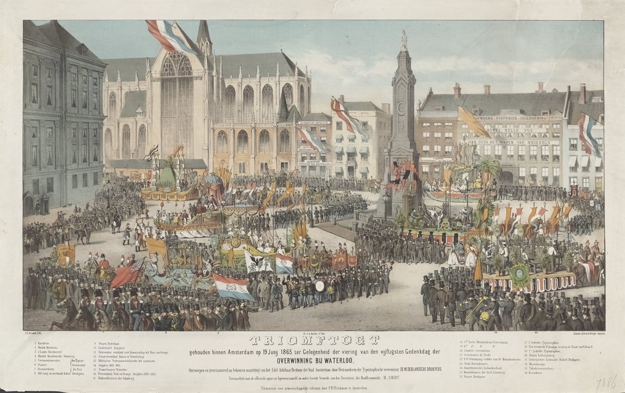 Triumf i Amsterdam 19. juni 1865 i anledning feiringen av femtiårsjubileet for Victory nær Waterloo (tittel på objekt) av Carel Christiaan Antony Last