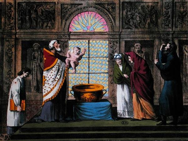 En russisk-ortodoks dåp, ca. 1810-20 (farge litho) av Carel Christian Anthony (after) Last