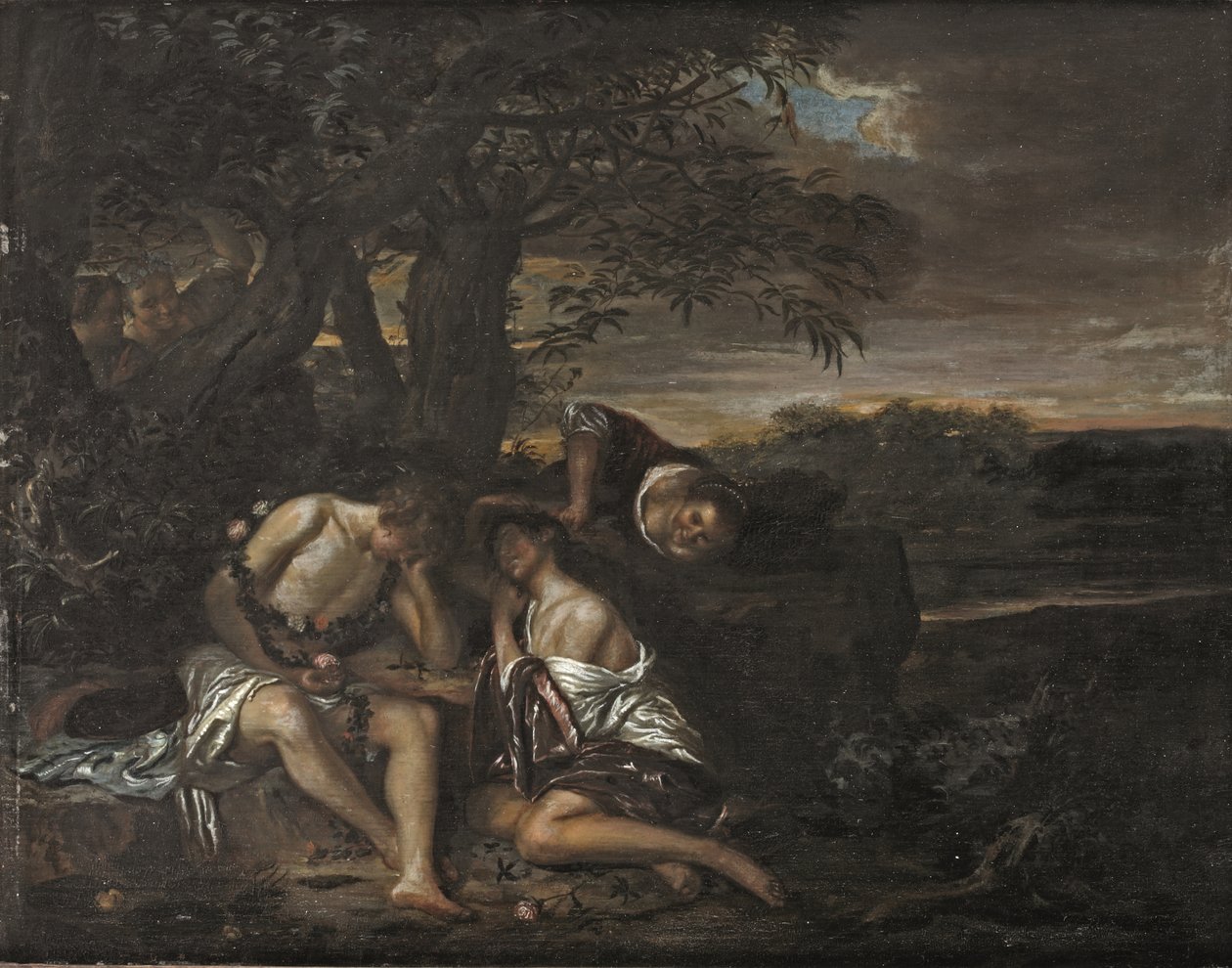 Et sovende par, oppdaget av tre kvinner i et arkadisk landskap (olje på panel) av Carel De Moor II (attr. to)