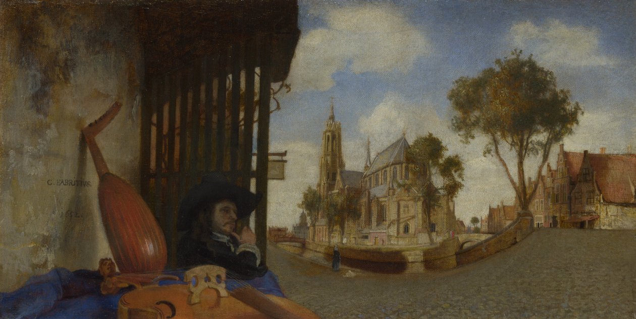 En utsikt over Delft, med en salgsbod for musikkinstrumenter, 1652 av Carel Fabritius
