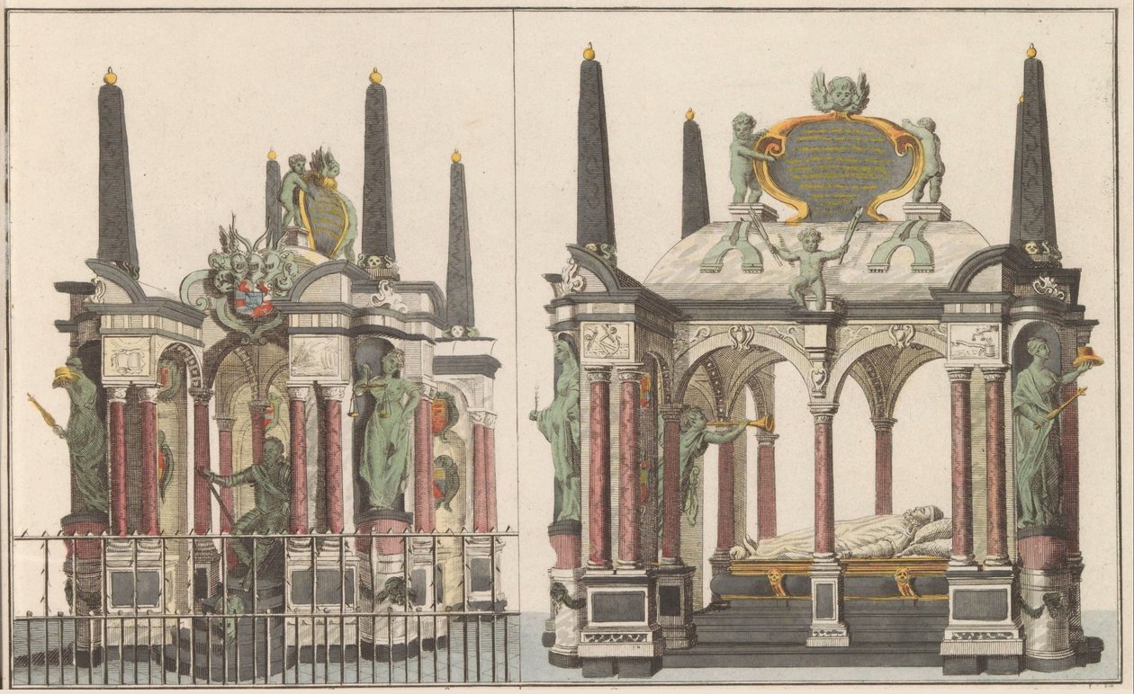 Praalgraf van Willem van Oranje i Delft, ca. 1790 The Superb Mausoleum of the Royal Family in the Great Church in Delft / Det samme tatt fra Nordsiden (tittel på objekt) av Carel Frederik Bendorp (I) (possibly)