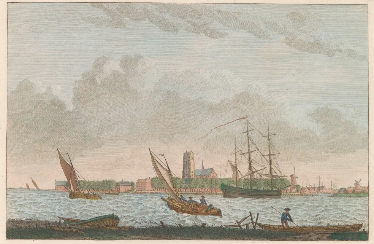Dordrecht fra Merwede, ca. 1790 Dordrecht van de Merwe utstilt / La ville Dordrecht - prize du coté dela riviere dite la Merwe (tittel på objekt) av Carel Frederik Bendorp (I)