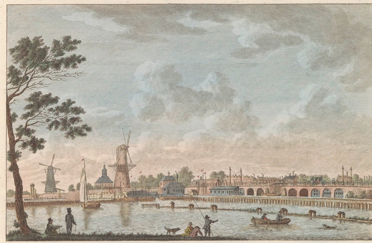 Gezicht op de Hogesluis, ca. 1790 Hooge Amstel Sluis te Amsterdam / Høy bro, kalt hoog sluis - tidligere kalt Lovers' Bridge, tatt fra siden av amstelen senere i Amsterdam (tittel på objekt) av Carel Frederik Bendorp (I)