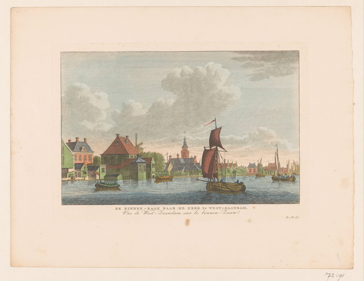 Utsikt over landsbyen Westzaandam sett over vannet Binnen-Zaan til kirken i West-Zaandam / Vue de West-Zaandam sur le Binnen-Zaan (tittel på objekt) av Carel Frederik Bendorp (I)