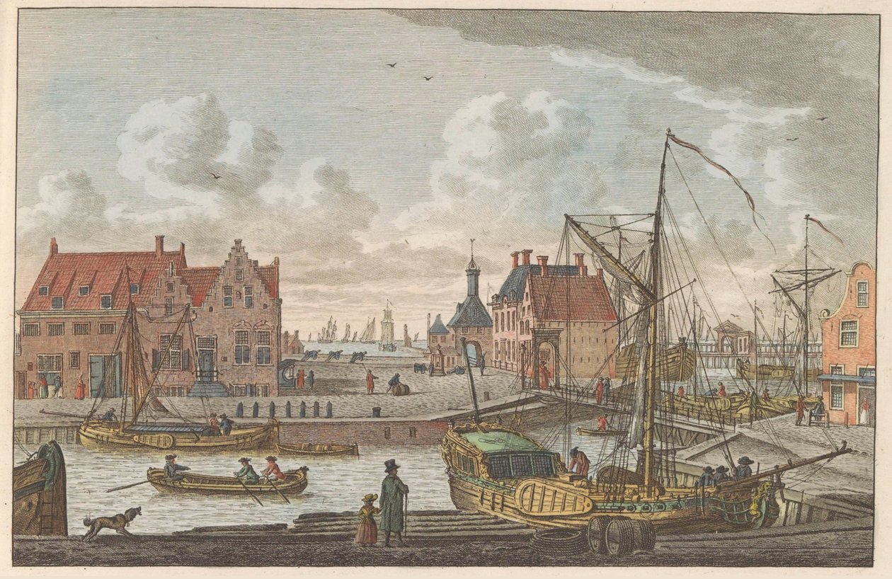 Harlingen havneport, ca 1790 De Haven Poort i Harlingen / Vue de la porte au port à harlingen - premier port dela Frize (tittel på objekt) av Carel Frederik Bendorp (I)