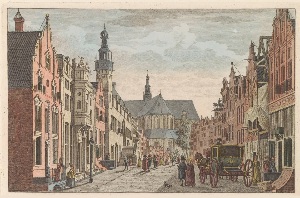 Langestraat i Alkmaar, ca. 1790 Langestraat, rådhuset og Grote Kerk i Alkmaar / Rue longue - Hotel de Ville - et grande Eglise à Alkmaar (tittel på objekt) av Carel Frederik Bendorp (I)