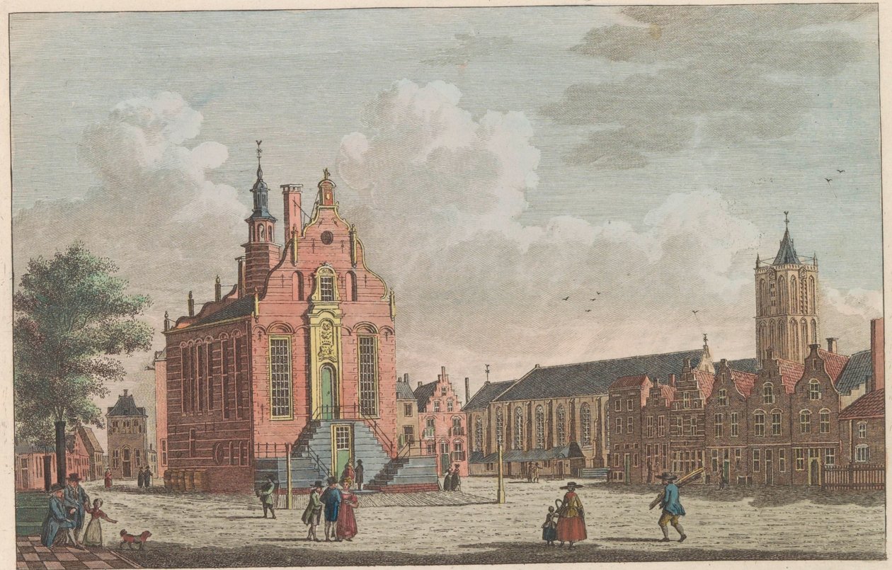 Marked og rådhus i Schiedam, ca. 1790 Markedet og rådhuset i Schiedam / Marché et hotel de ville à Schiedam (tittel på objekt) av Carel Frederik Bendorp (I)