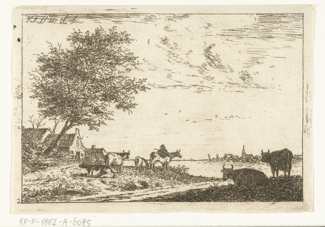 Elvelandskap med bonde og kyr på gården Landskap (serietittel) av Carel Frederik Bendorp (I)