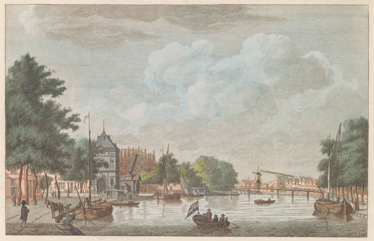 Spaarne i Haarlem, ca. 1790 Het Binnen Spaarne i Haarlem / Riviere dette reserveinteriøret i Haarlem (tittel på objekt) av Carel Frederik Bendorp (I)