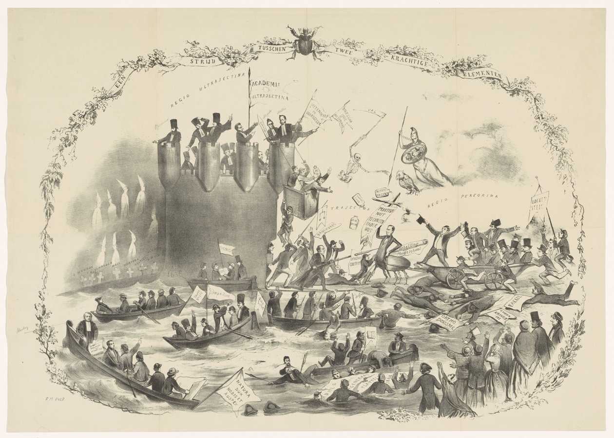 Tegneserie som viser Thorbeckes planer om å avskaffe Utrecht University of Applied Sciences, 1863 En kamp mellom to kraftige elementer (tittel på objekt) av Carel Hendrik Thiebout