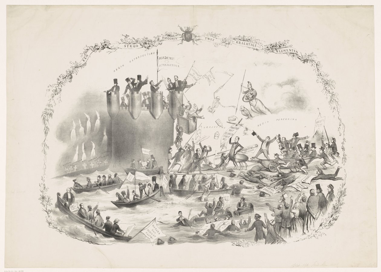 Tegneserie som viser Thorbeckes planer om å avskaffe Utrecht University of Applied Sciences, 1863 En kamp mellom to kraftige elementer (tittel på objekt) av Carel Hendrik Thiebout