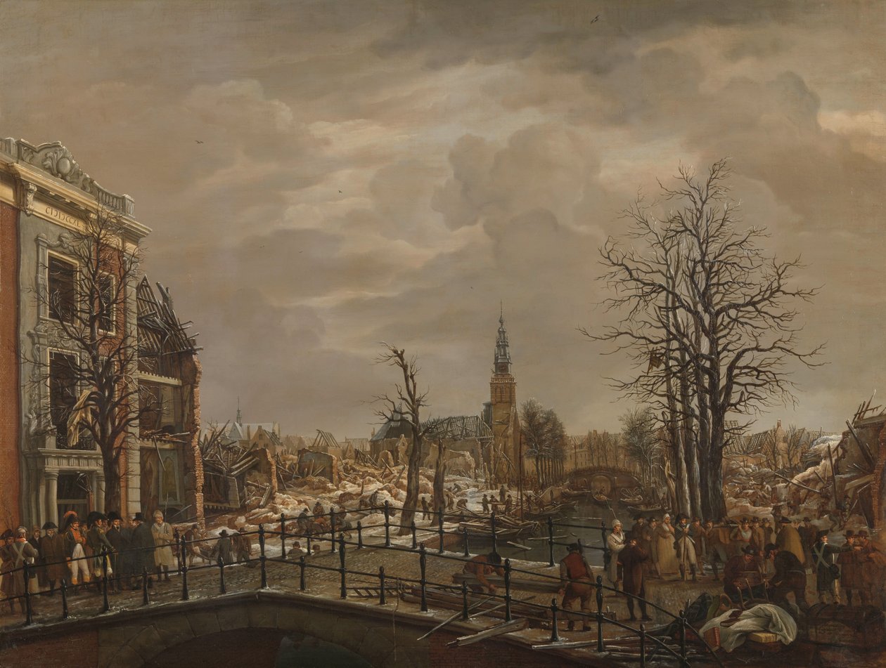 Rapenburg i Leiden Rapenburg, Leiden, tre dager etter eksplosjonen av et pulverskip 12. januar 1807 av Carel Lodewijk Hansen (signed by artist)