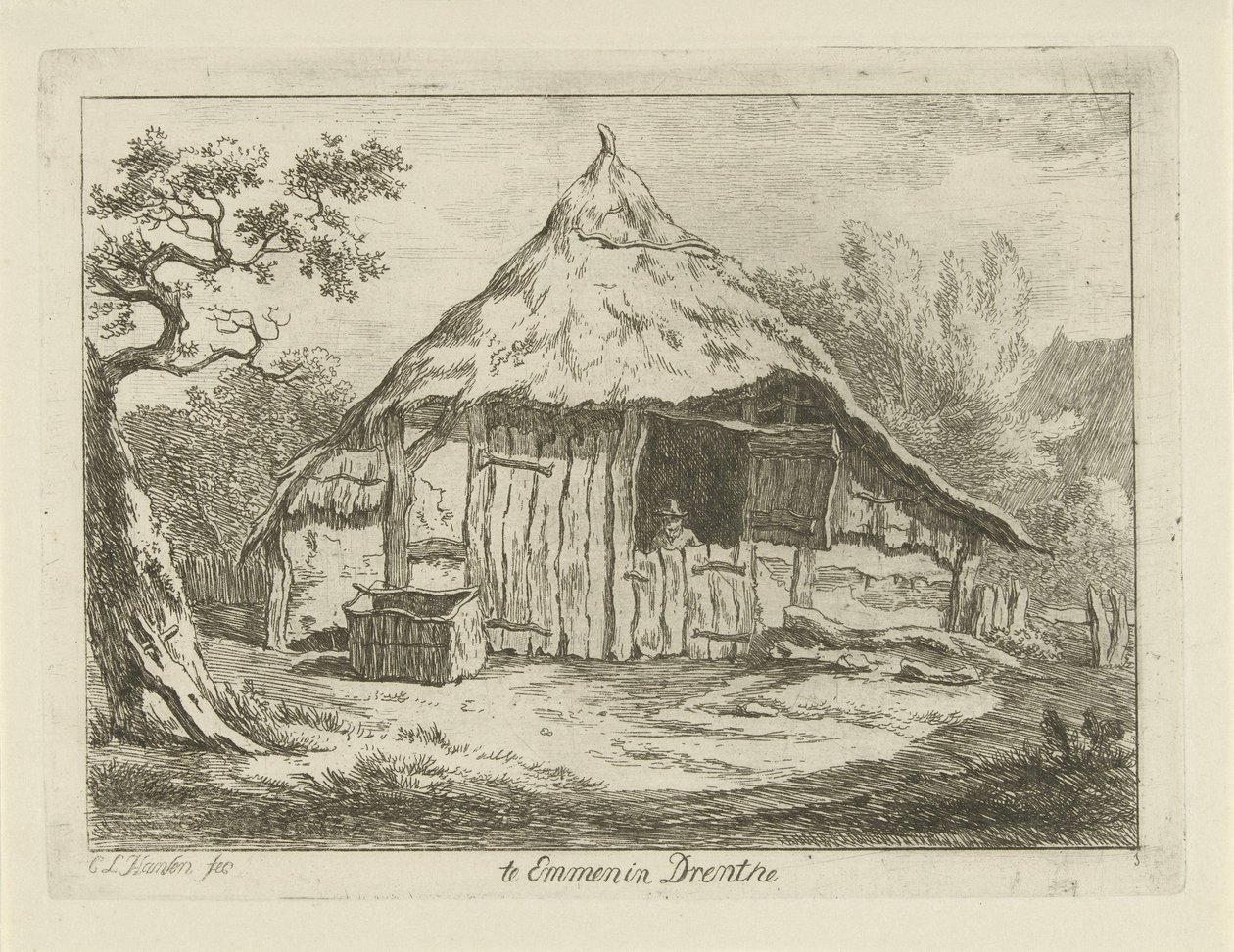 Våningshus med åpen øvre dør Te Emmen i Drenthe (tittel på objekt) Landskap (1–6) (serietittel) av Carel Lodewijk Hansen