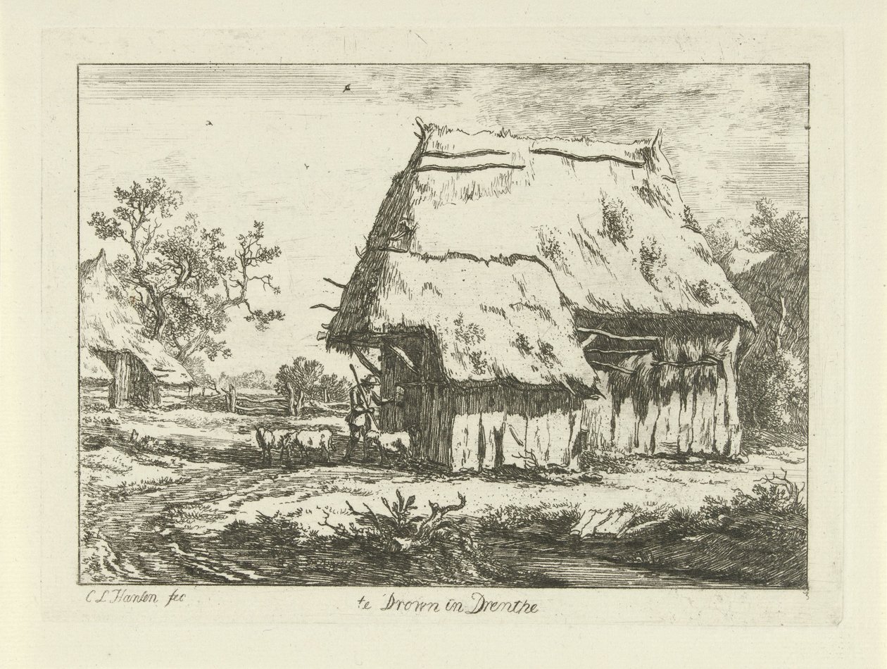 Hyrde ved en sauefjøs Te Drown in Drenthe (tittel på objekt) Landskap (1–6) (serietittel) av Carel Lodewijk Hansen