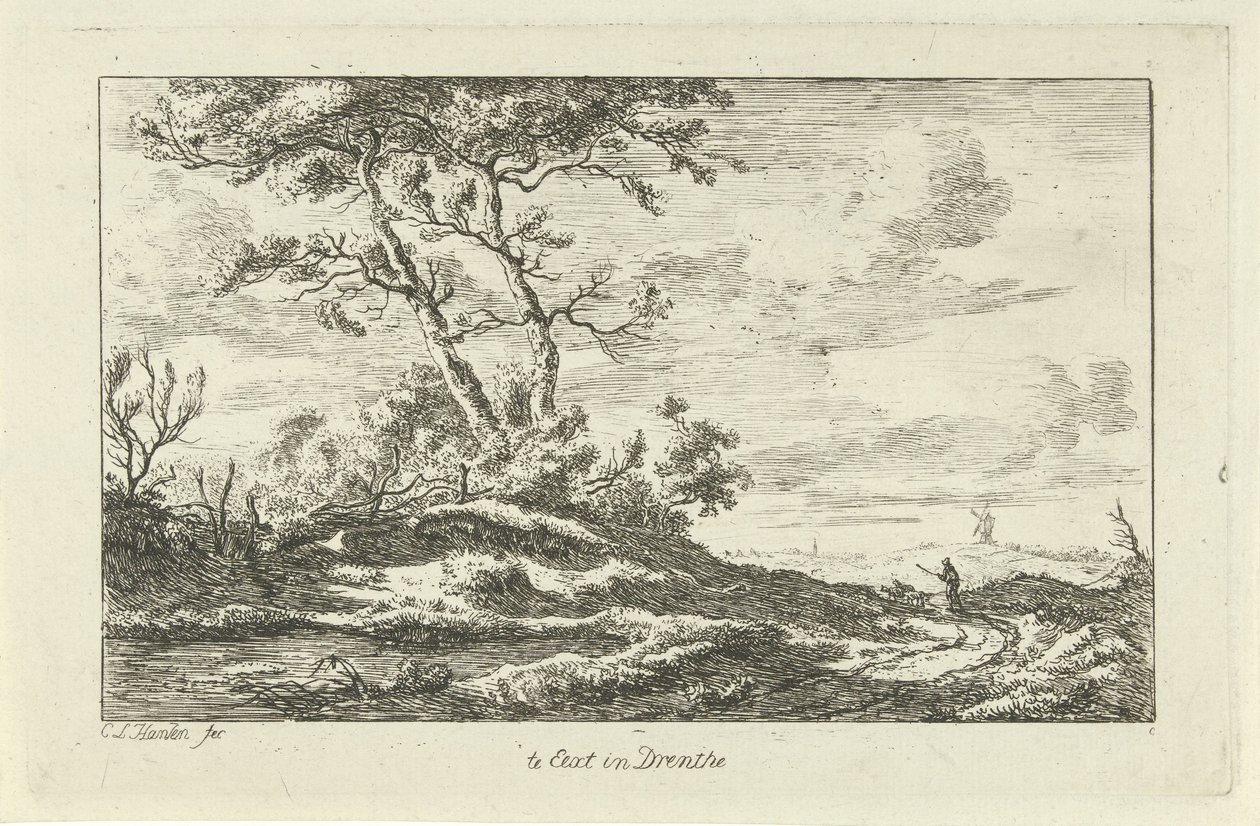 Gjeter på landevei i Eext i Drenthe (tittel på objekt) Landskap (ferdig) (serietittel) av Carel Lodewijk Hansen