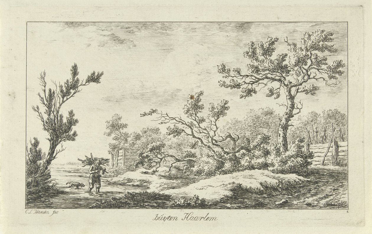 vedsamler Buyten Haarlem (tittel på objekt) Landskap (a-f) (serietittel) av Carel Lodewijk Hansen