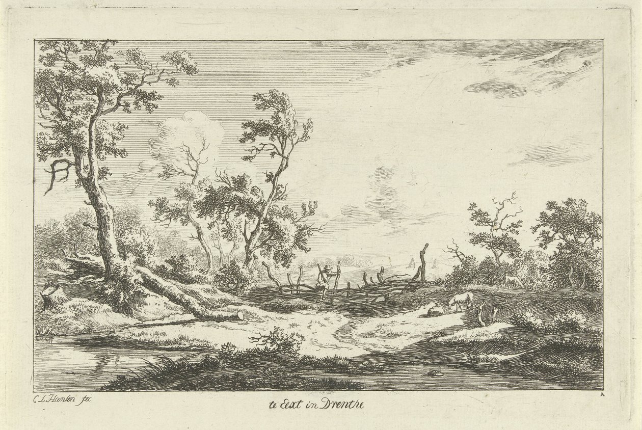 Jeger i et landskap Te Eext i Drenthe (tittel på objekt) Landskap (A-F) (serietittel) av Carel Lodewijk Hansen