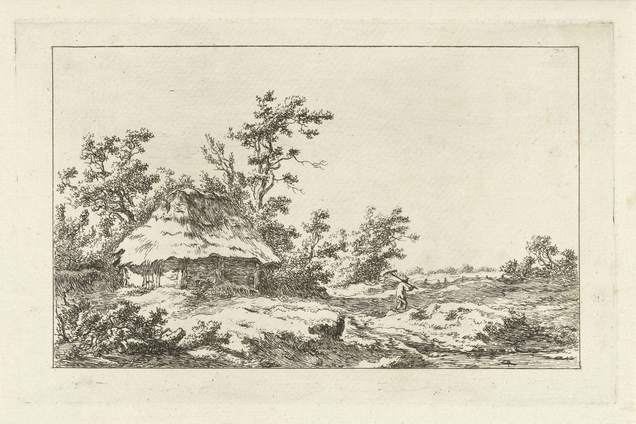 Mann med rake ved en låve Landskap (A-F) (serietittel) av Carel Lodewijk Hansen