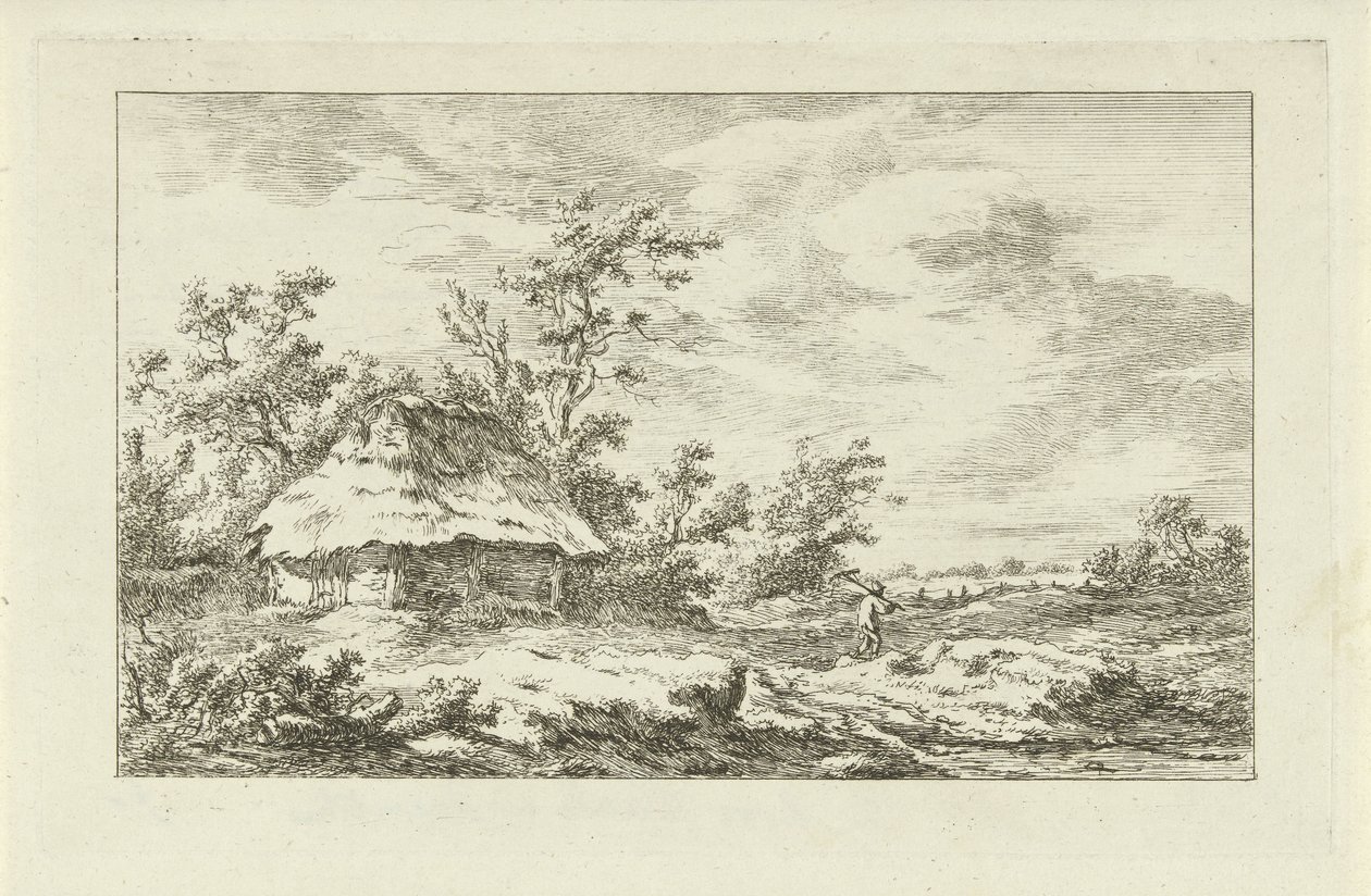 Mann med rake ved en låve Landskap (A-F) (serietittel) av Carel Lodewijk Hansen
