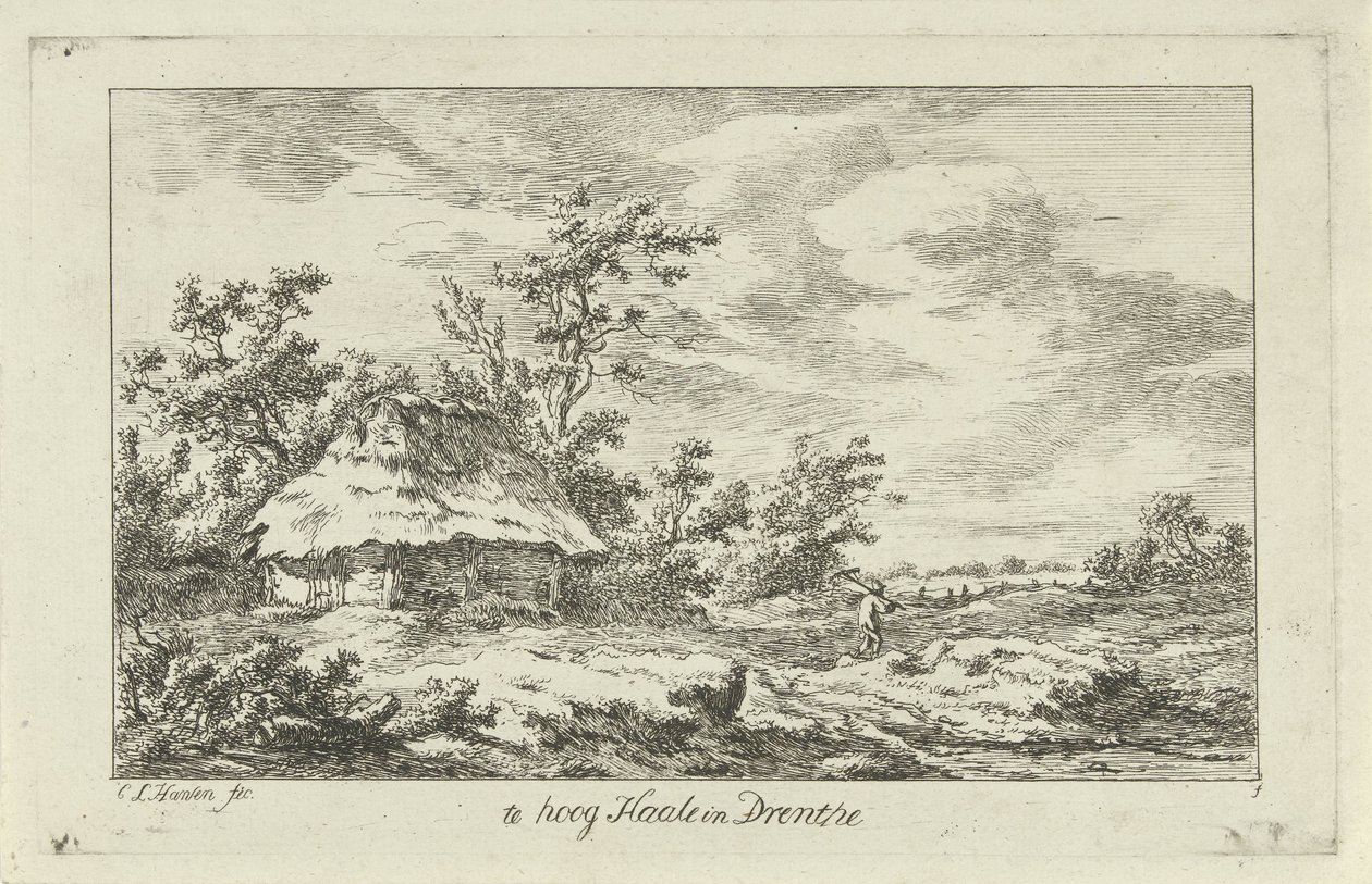Mann med rake ved en låve For høyt Haale i Drenthe (tittel på objekt) Landskap (A-F) (serietittel) av Carel Lodewijk Hansen