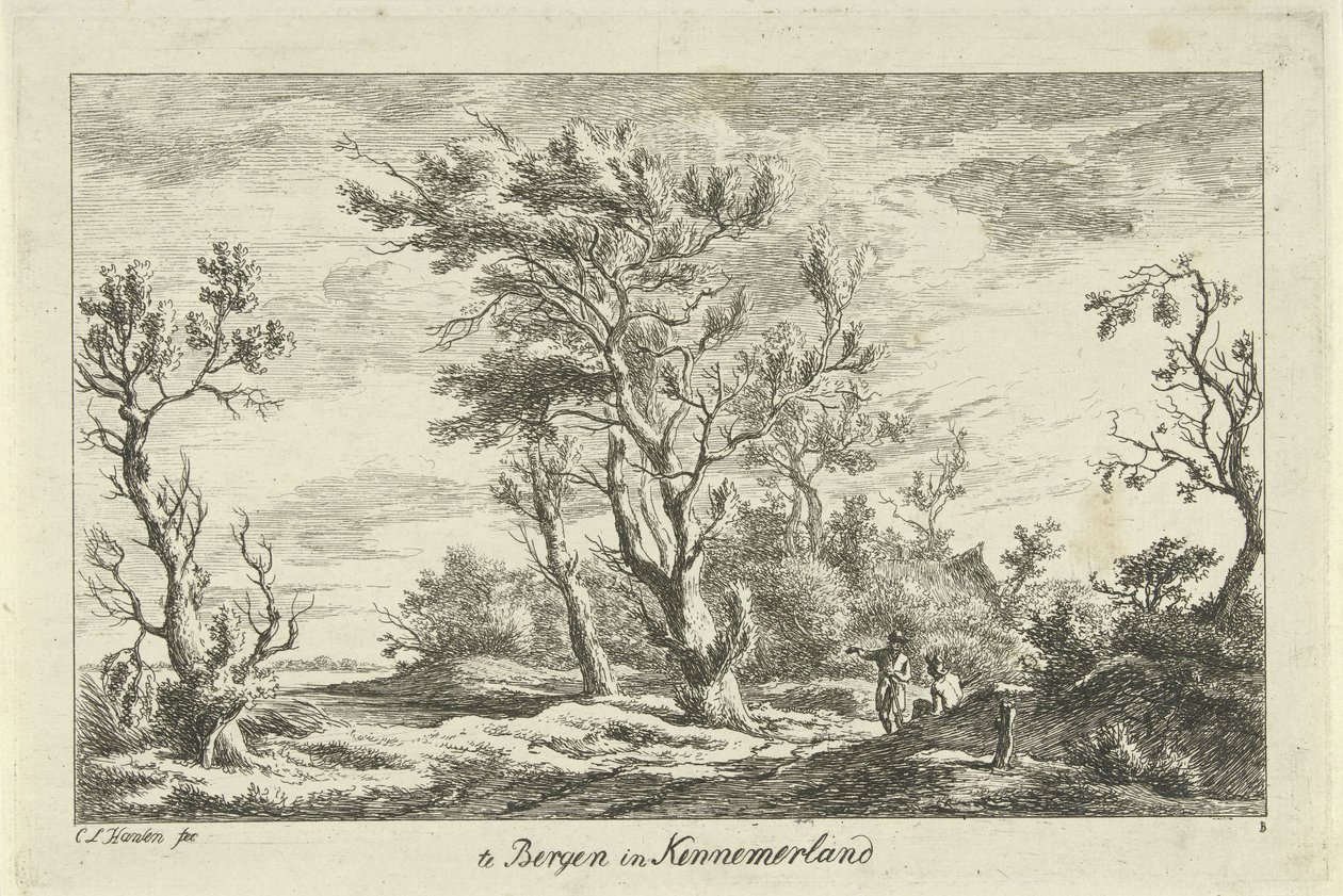 Reisende i et landskap I Bergen i Kennemerland (tittel på objekt) Landskap (A-F) (serietittel) av Carel Lodewijk Hansen