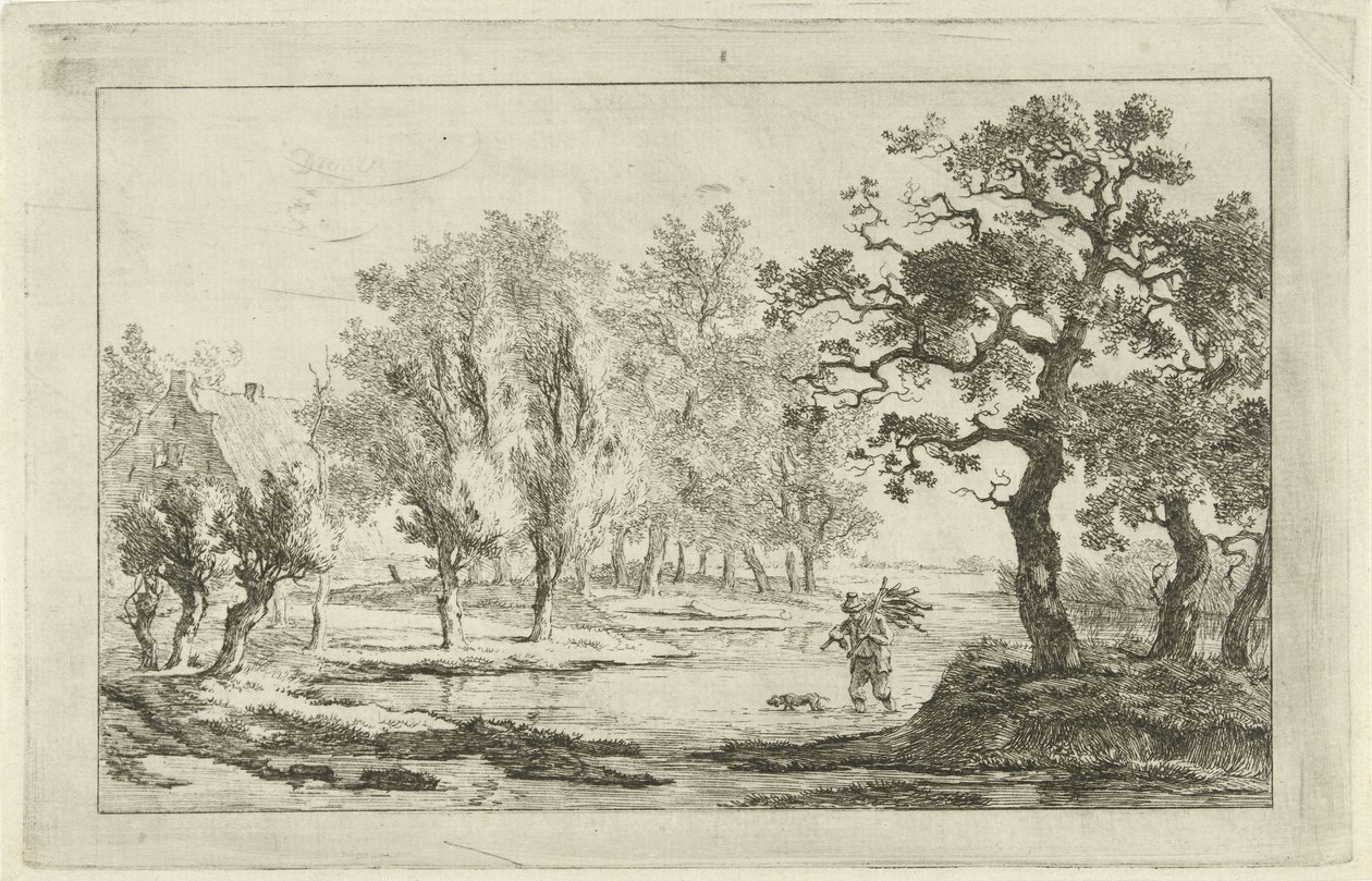 Elvelandskap med en vedsanker av Carel Lodewijk Hansen