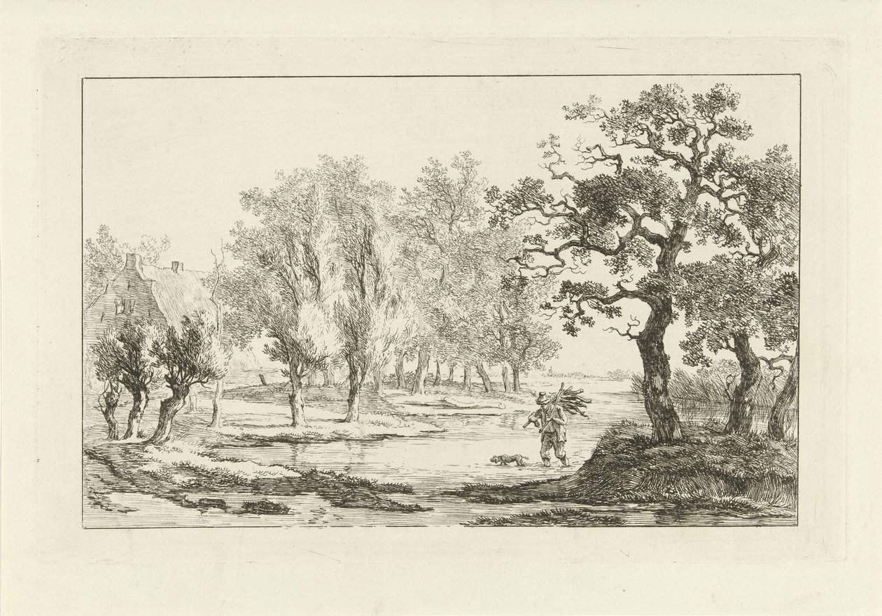 Elvelandskap med en vedsanker av Carel Lodewijk Hansen