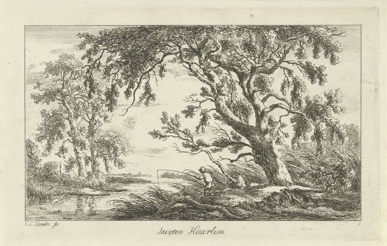 Fisker i et elvelandskap Buyten Haarlem (tittel på objekt) Landskap (a-f) (serietittel) av Carel Lodewijk Hansen