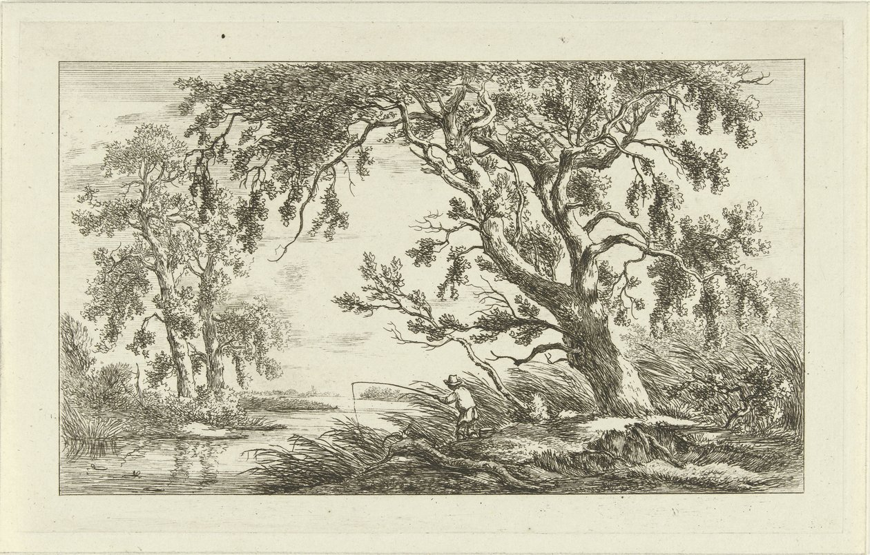 Fisker i et elvelandskap Landskap (a-f) (serietittel) av Carel Lodewijk Hansen