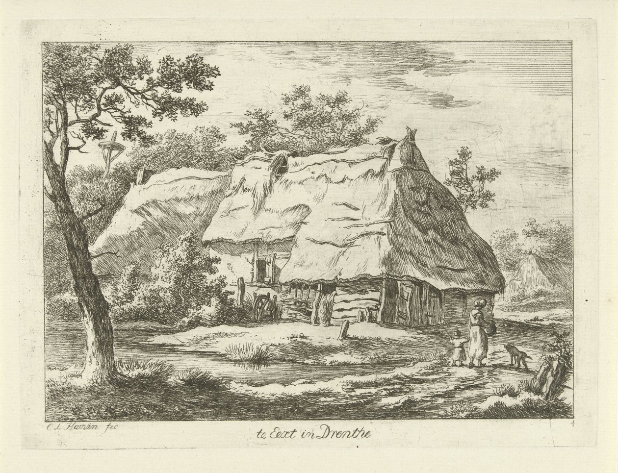 Kvinne med barn på en gård i Eext i Drenthe (tittel på objekt) Landskap (1-6) (serietittel) av Carel Lodewijk Hansen