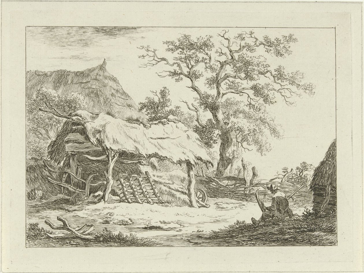 Sittende figur ved en låve Landscapes (1-6) (serietittel) av Carel Lodewijk Hansen