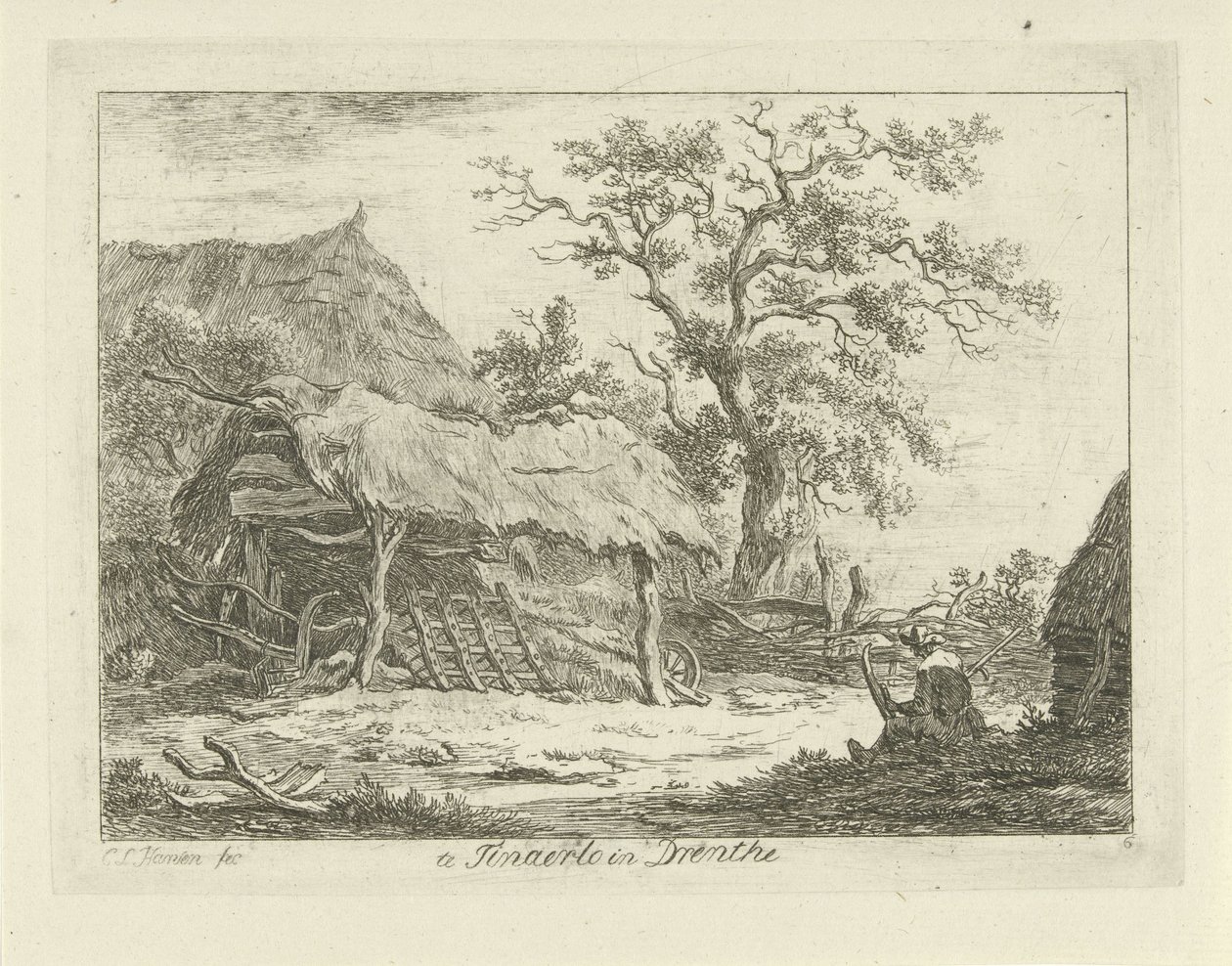 Sittende figur ved en låve Te Tinaerlo i Drenthe (tittel på objekt) Landskap (1–6) (serietittel) av Carel Lodewijk Hansen