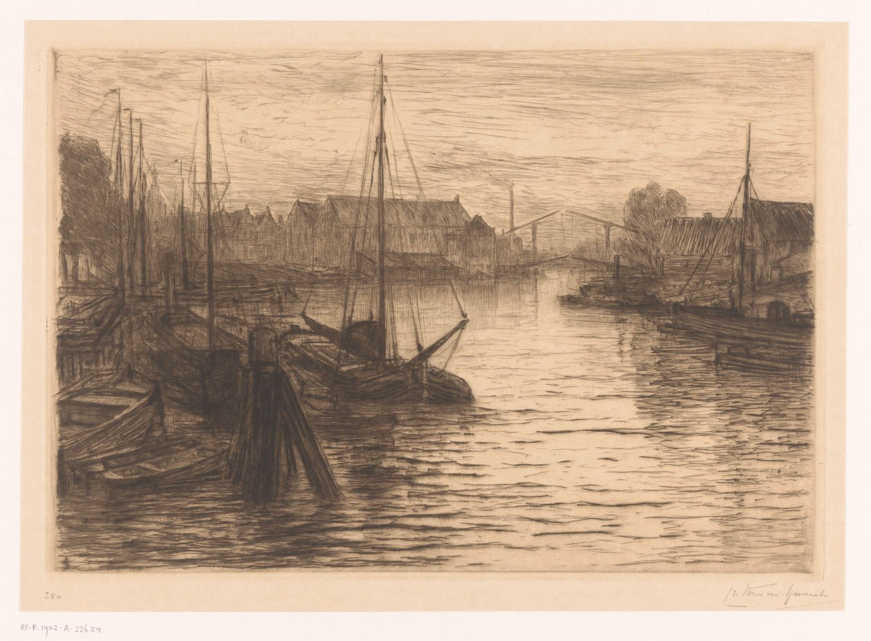 Riedijkshaven i Dordrecht om natten Dordrecht, Riedijkshaven, le soir (original tittel) av Carel Nicolaas Storm van 