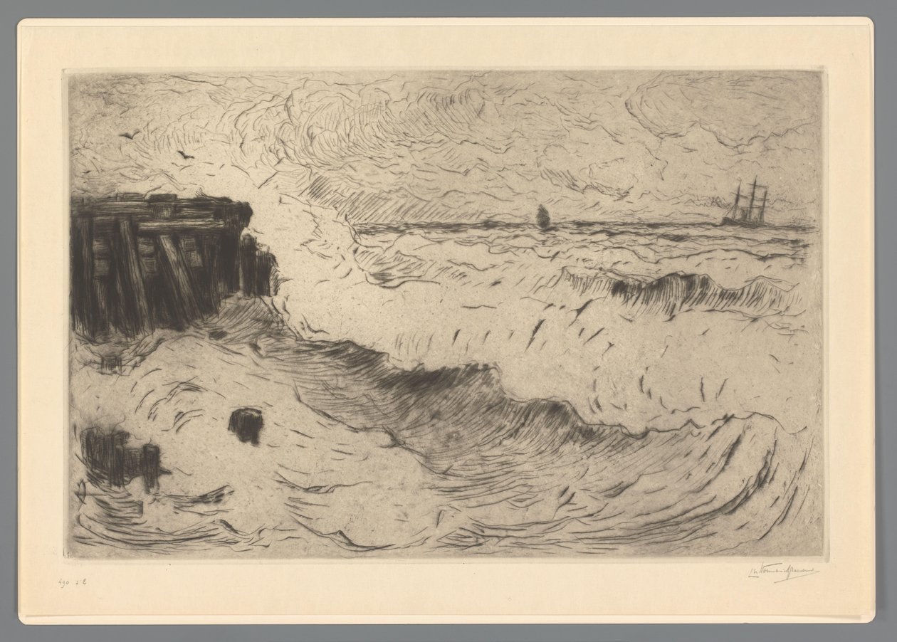 Villt hav med seilskute ved en brygge av Carel Nicolaas Storm van 