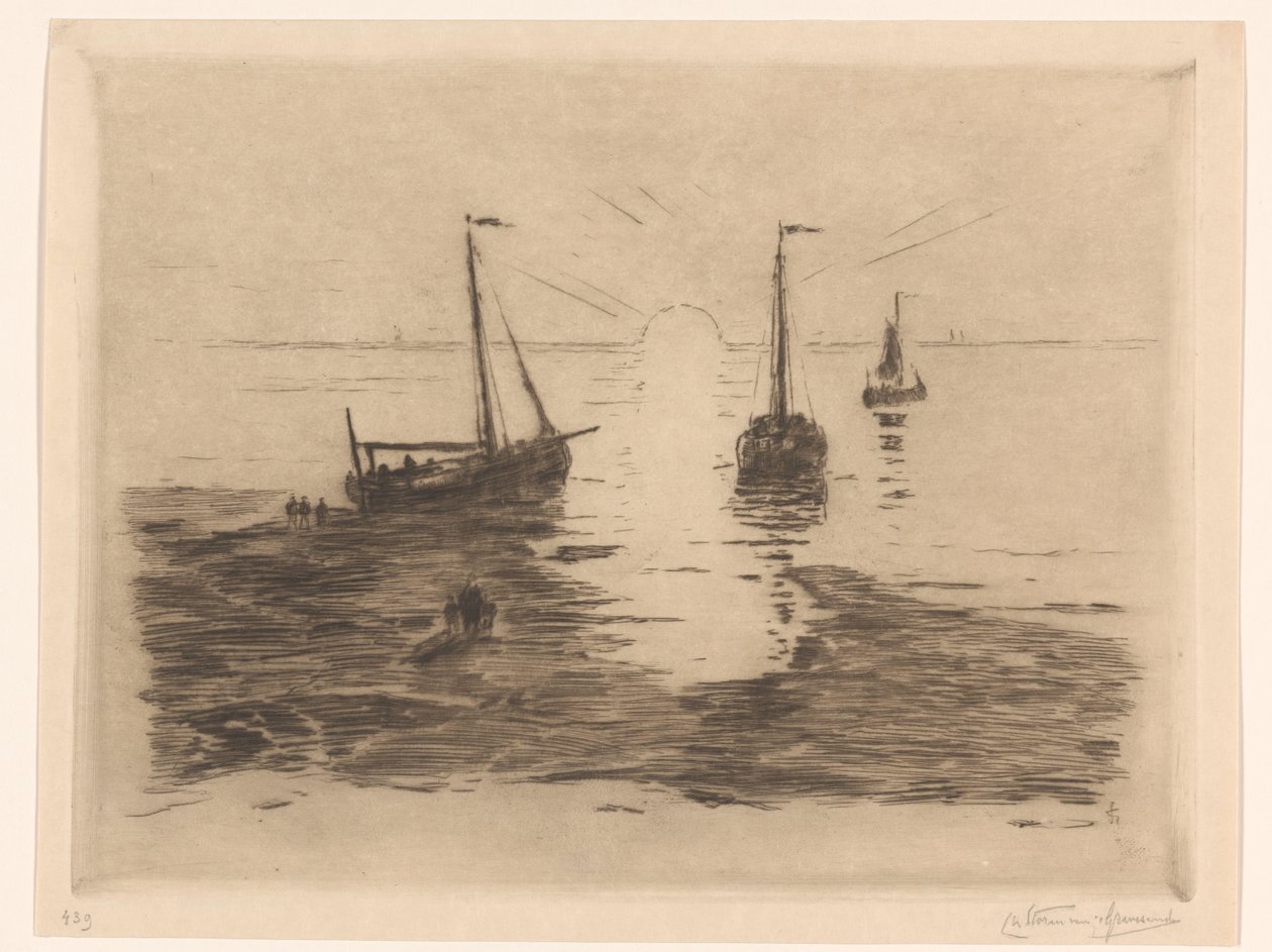 Havlandskap med seilbåter og solnedgang Solnedgang (tittel på objekt) av Carel Nicolaas Storm van 