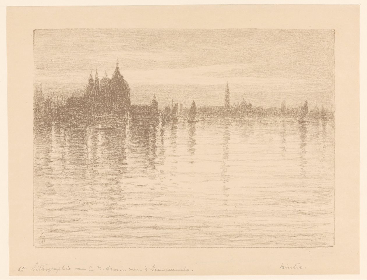 Utsikt over basilikaen Santa Maria della Salute fra vannet av Carel Nicolaas Storm van 