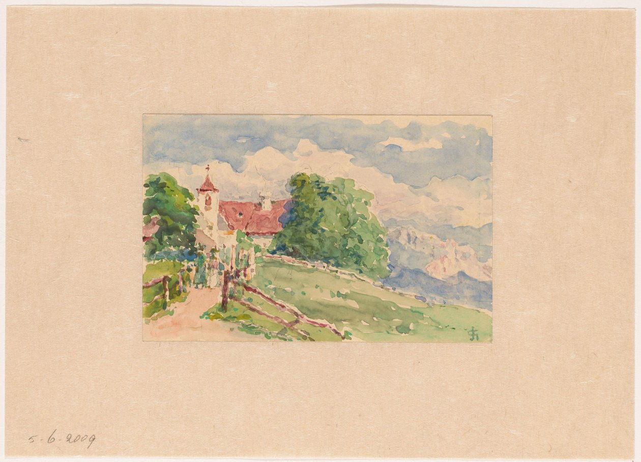 Oberbozen, en smal vei fører til en kirke i en fjellskråning av Carel Nicolaas Storm van 
